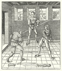 Erkehertug Maximilian av Østerrike lærer kunsten å fekte (gravering) av Hans (after) Burgkmair