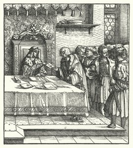Erkehertug Maximilian av Østerrike skriver bokstaver (gravering) av Hans (after) Burgkmair
