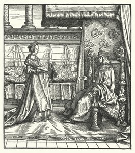 Karl den dristige, hertugen av Burgund, med datteren Maria, som senere giftet seg med den fremtidige hellige romerske keiseren Maximilian I i 1477 (gravering) av Hans (after) Burgkmair