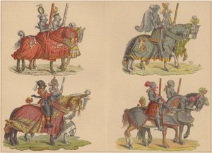 Riddere til hest (farge litho) av Hans (after) Burgkmair