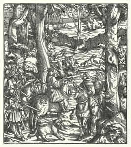 Maximilian I, romernes konge, mottok en melding mens han jaktet (gravering) av Hans (after) Burgkmair