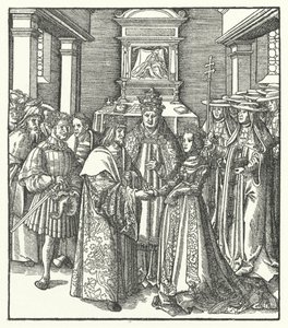 Pave Nicholas V presiderer over ekteskapet til den hellige romerske keiser Frederick III og Eleanor av Portugal i Roma av Hans (after) Burgkmair