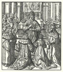 Den hellige romerske keiser Frederick III og keiserinne Eleanor mottar nattverd fra paven (gravering) av Hans (after) Burgkmair