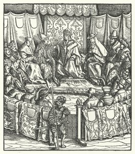 Den hellige romerske keiser Maximilian I forhandler med ungarerne av Hans (after) Burgkmair