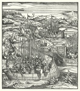 Den hellige romerske keiser Maximilian I med sin flåte ved La Spezia, Italia av Hans (after) Burgkmair