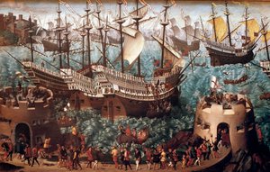 Ombordstigning av Henrik VIII (1491-1547) ved Dover på galionen Henri Grace a Dieu” i anledning handelen signert med Francois I (Camp du Drap d