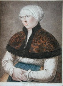 Portrett av Holbeins kone, gravert av Francesco Bartolozzi (1727-1815) 1796 (gravering) av Hans (after) Holbein the Younger
