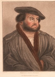 Selvportrett av kunstneren Hans Holbein ved Kensington Palace. ,1812 (gravering) av Hans (after) Holbein the Younger