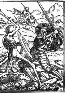 Den falske døden til Hans Holbein den unge (1497-1543): soldaten. En soldat kjemper mot døden; ved føttene deres ligger likene til andre krigere. Gravering.