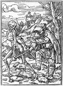 Simuleringene av døden til Hans Holbein den yngre (1497-1543): de blinde. Døden griper stokken til den blinde og fungerer som en guide. Gravering.