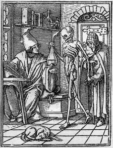 Simuleringene av døden til Hans Holbein den yngre (1497-1543): legen. Døden kommer mellom legen og pasienten hans. Gravering.