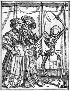 The simulacons of the death of Hans Holbein the Younger (1497-1543): the husbands. Death plays the drum in front of a couple. Engraving.