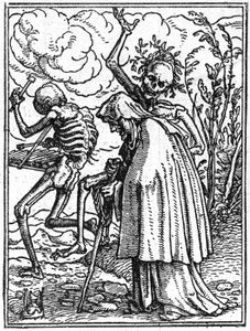 The simulacons of the death of Hans Holbein the Younger (1497-1543): the old. Death accompanies an old lady to her destiny. Engraving.