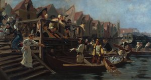 Budgivning på Fisketorget, Bergens triangel (olje på lerret) av Hans Andreas Dahl