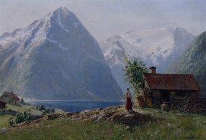 Jente i et fjordlandskap (olje på lerret)