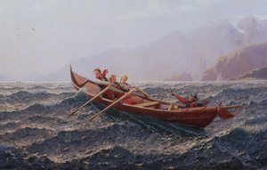 Folk i en robåt (olje på lerret)