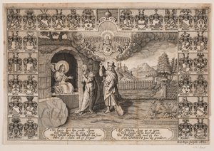 Tittelside til gravprekenen til Ida Langs med skildring av Kristus som gartner og Maria Magdalena
