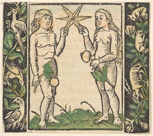 Adam og Eva holder en stjerne, illustrasjon fra Decided Gart des Rosary Mariae. av Hans Baldung