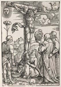Kristus på korset med Maria, St. Johannes, Maria Magdalena og St. Stefanus, 1505. av Hans Baldung