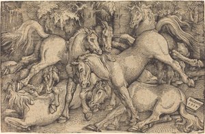 Gruppe på syv hester i skogen av Hans Baldung Grien