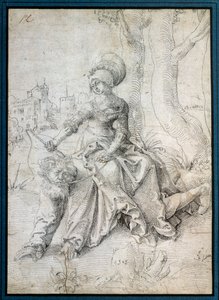 Kvinnen som rir mannen: Phyllis sitter på ryggen til Aristoteles som går på alle fire. Tegning av Grien Hans Baldung (1484-1545) Ec. Alle.