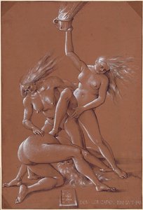 Nyttårshilsen med tre hekser - Kunstverk av Hans Baldung (1484-1545) blekk og hvitt kritt på papir av Hans Baldung Grien