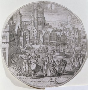 januar, viser borgere som feirer tolvte natt på torget i Bergen, fra et sett med tolv 'Årets måneder', gravert av Adriaen Collaert (1560-1618) av Hans Bol