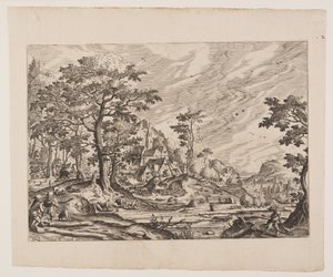 Utsikt over en landsby, en mann som bærer en trillebår, plate 8 fra Landskap med utsikt over landsbyer av Hans Bol
