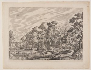Utsikt over en landsby med et slott til høyre, plansje 1 fra Landskap med utsikt over landsbyer av Hans Bol