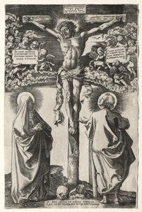 Kristus på korset mellom jomfruen og St. Johannes av Hans Brosamer