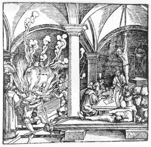 The Questioning, illustrasjon fra en bok av Cicero Teutsch, Augsbourg, 1533 av Hans Burgkmair