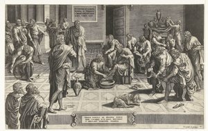 Christ wast de voeten van de discipelen Alles Herre legger seg ned på kne for å vaske føttene til sine tjenere, et eksempel på enestående ydmykhet (tittel på objekt) av Hans Collaert (I) (attributed to)