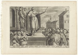 Rechabeam svarer på folk Geschiedenis van Jeroboam en Rechabeam (serietittel) Treasury of the Sacred Histories of the Old Testament (...) (serietittel) av Hans Collaert (I) (attributed to)