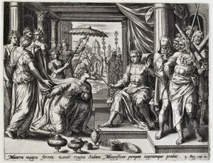 Salomo ontangt de koningin van Seba Geschiedenis van Salomo (serietittel) The History of King Salomon (...) (serietittel) Skatten til den hellige historien til det gamle testamentet, valgt med de mest utmerkede bilder uttrykt i denne kunsten av Hans Collaert (I) (attributed to)