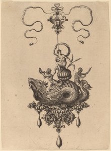 Design for et anheng med sjømonster som bærer en kvinne på et skjell flankert av en Triton og en mann med en åre