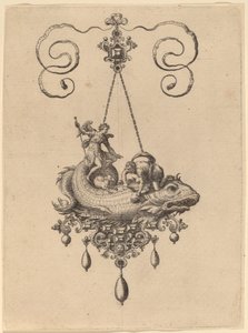Design for et anheng med en fisk som bærer Tobias og engelen