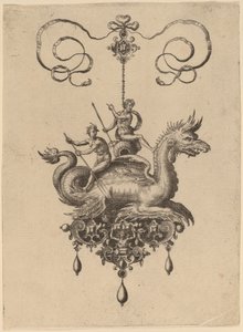 Design for et anheng med et havmonster som bærer Neptun på en urne flankert av en elvegud med en åre