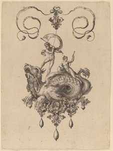Design for et anheng med et sjømonster som bærer Thetis og en mann med seil