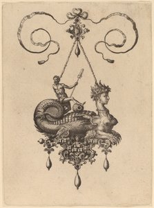 Design for et anheng med en sfinks med kroppen til en fisk som bærer en mann med en åre