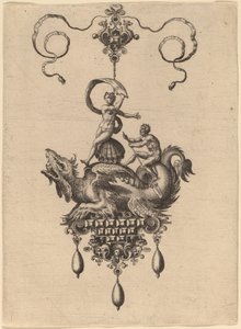 Design for et anheng med et bevinget sjømonster som bærer Venus Anadyomene på et skjell og en mann med en åre