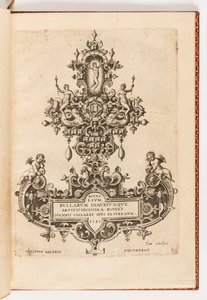 Plate 1, tittelside fra en suite på ti, med tittelen Monilium Bullarum Inauriumque Artificocissimae Icones, Ioannis Collaert Opus Postremum (Designer for halskjeder, anheng og øredobber av høyeste ferdighet, sluttverket av Joannis Collaert)