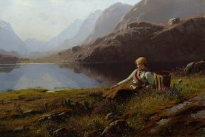 Girl Knitting by the Mountain Lake (olje på lerret) av Hans Dahl