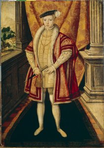 Portrett av kong Edward VI (1537-1553) av England og Irland (Portrett av kong Edward VI av England). tredje hersker av Tudor-dynastiet, han var den første protestantiske herskeren som besteg tronen. Maleri av Hans Eworth (Ewouts) (ca