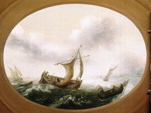 Nederlandske fiskebåter fanget i en sterk bris, en mindre båt seiler nedover, til høyre, med fiskere som drar garnene av Hans Goderis
