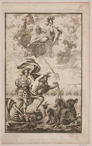 Neptun suser over havet. Tittelside for Fontenay, "Söe-Evolution"; København 1743 av Hans Henrich Christian Ulrich