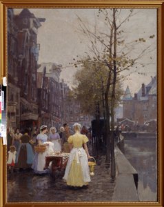 ""Oktobermorgen i Amsterdams gater"" (An October Morning in Amsterdam) Tjenerne er opptatt i gatene. Maleri av Hans Hermann (1813-1890) Regionalt kunstmuseum fra 1800-tallet, Simferopol Ukraina av Hans Hermann