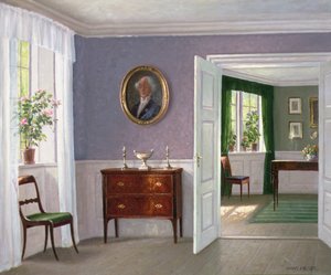 Et solfylt interiør (olje på lerret) av Hans Hilsoe