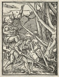 Dødedansen: Utvisning fra paradis; Adam dyrker bakken av Hans Holbein