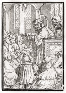 Døden kommer for predikanten, gravert av Georg Scharffenberg, fra 'Der Todten Tanz', utgitt Basel, 1843 av Hans Holbein der Jüngere