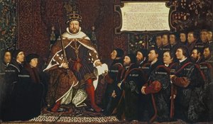 Henry VIII overrakte et charter til Thomas Vicary, til minne om sammenslutningen av Barbers and Surgeons Guilds, 1541 av Hans Holbein der Jüngere